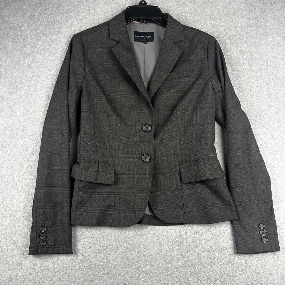 Banana Republic Blazer Womens 2 Gray Plaid Career Office Suit Jacket Windowpane